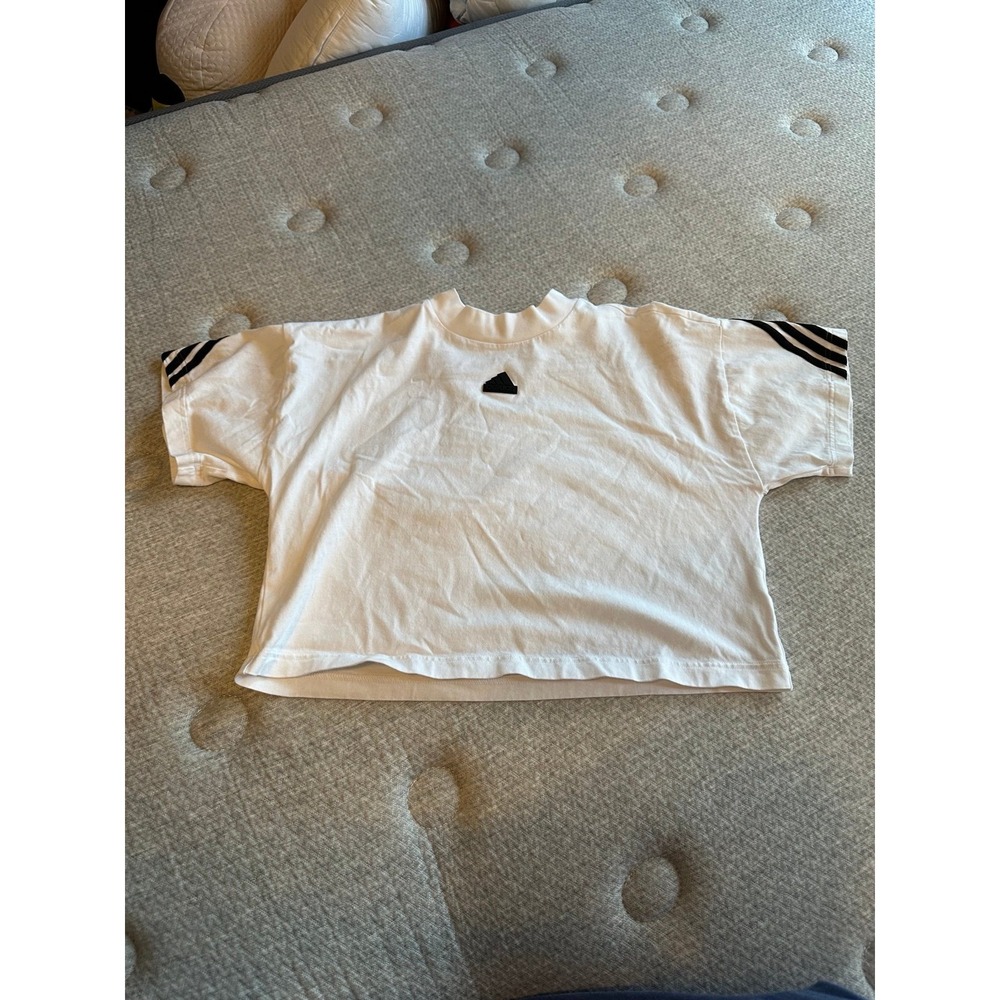 Adidas Women's White Cropped T-Shirt Black Stripes Logo Short Sleeve Size Medium